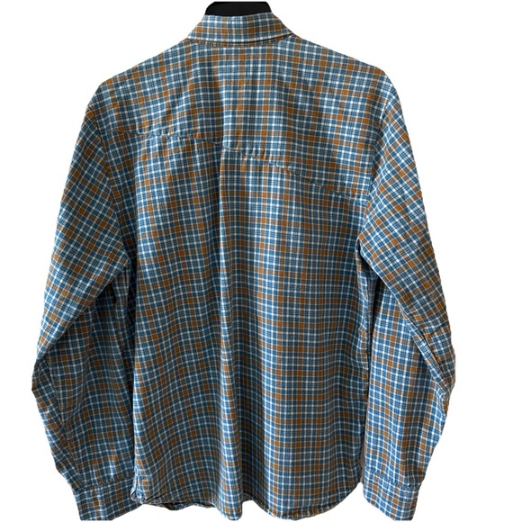 Men's Volcom Plaid Flannel Long Sleeve Shirt Size Medium Blue Gold Fall Hike EUC - Picture 2 of 8